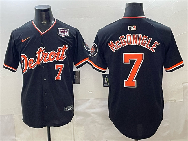 Men's Detroit Tigers #7 Kevin McGonigle Black 2026 Alternate USA 250' Patch Vapor Premier Limited Stitched Baseball Jersey